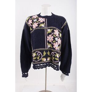 Vintage 90s Generra Womens Sweater Floral Mock Neck M Navy Blue Pink Crochet